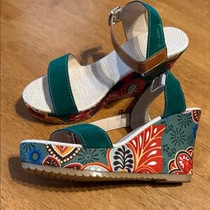 Vibrant Green and Multicolor Wedge Sandals